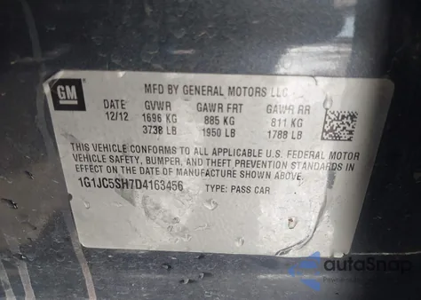 2013 Chevrolet Sonic Lt Auto from USA, damaged, VIN 1G1JC5SH7D4163456